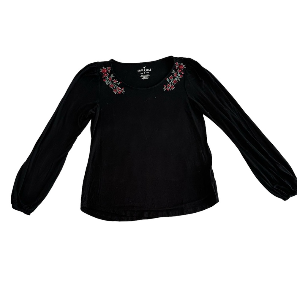 American Eagle Soft & Sexy Black Floral Embroidered Long Sleeve Top Women’s M